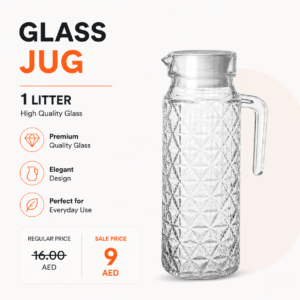 1 Liter Premium Glass Water Jug with Handle – Elegant Crystal Design